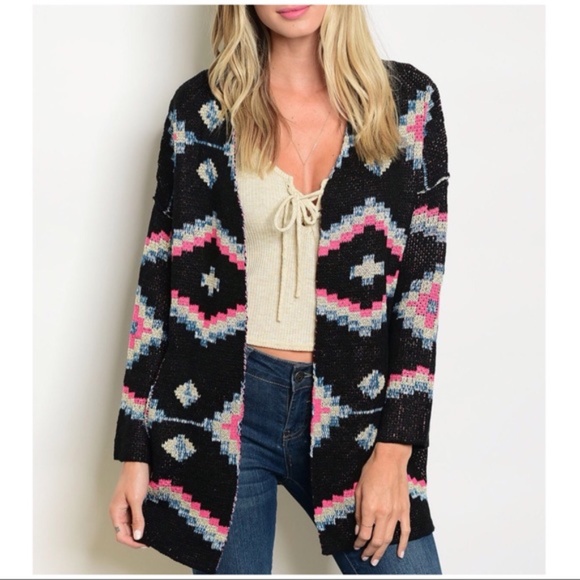 BOUTIQUE Sweater Cardigan Tribal Aztec Boho Open Front Long Sleeve Black - Picture 4 of 6